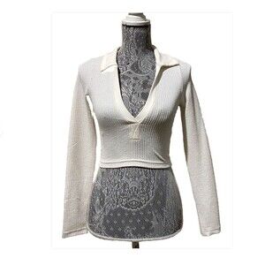 H&M Divided Ribbed Collared Crop Top Womens XS Cream Y2K Preppy Knit Shirt